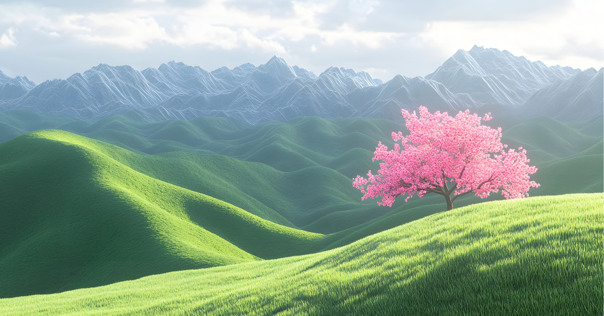 Peaceful landscape with cherry blossom tree