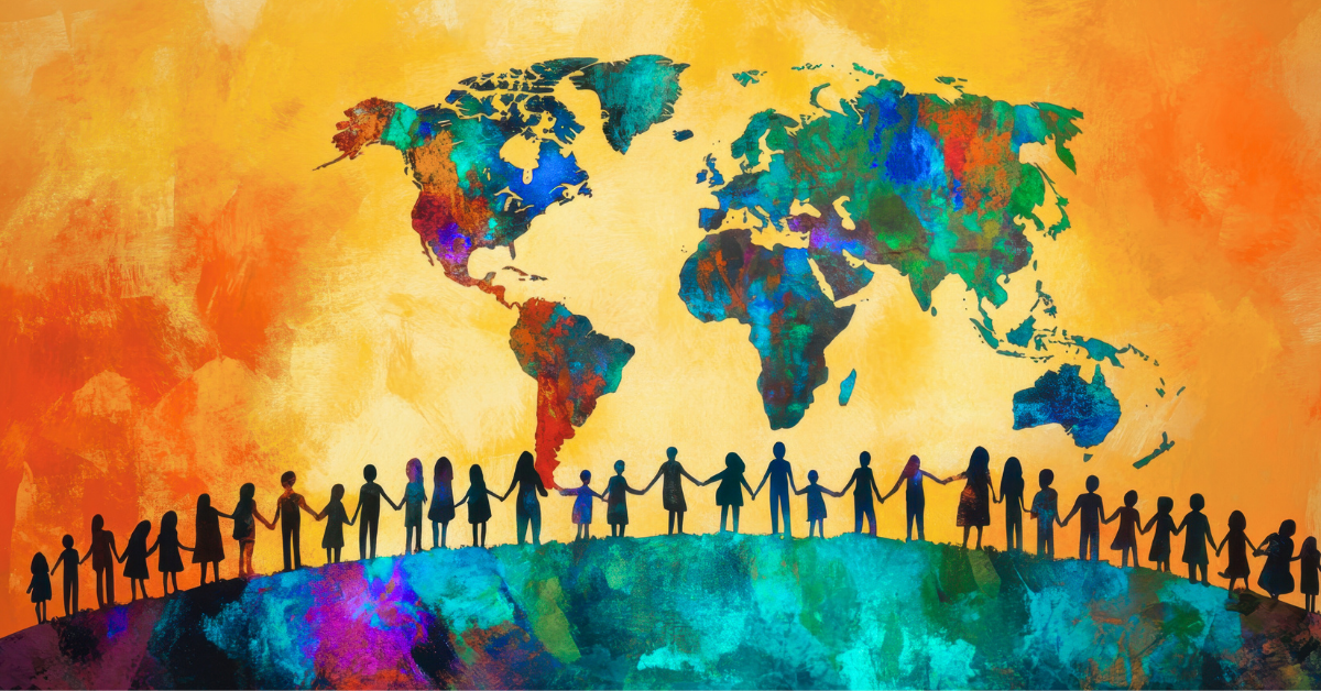 Global unity, people holding hands in front of world map